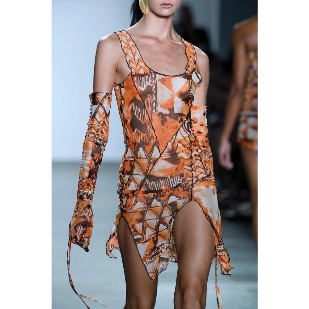 Kim Shui Mesh Print Dress With Gloves - S Orange